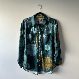 Anthropologie teal floral printed button down top